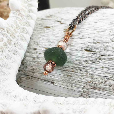 Deep Olive on Bronze Sea Glass Bubble Necklace