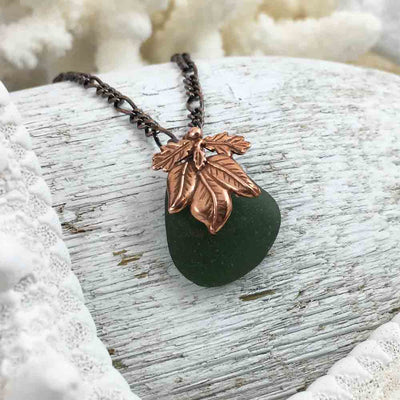 Deep Olive on Bronze Sea Glass Pendant with Leaf Bail