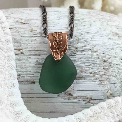 Tealy Olive Green on Bronze Sea Glass Pendant with Branch Bail