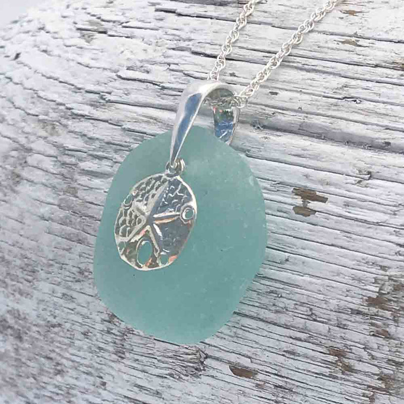 Large, Round Bottle Bottom Aqua Sea Glass Necklace with Sterling Silver Sand Dollar Charm