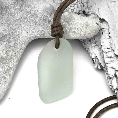 Large Slab Shaped Soft Blue Sea Glass Leather Necklace