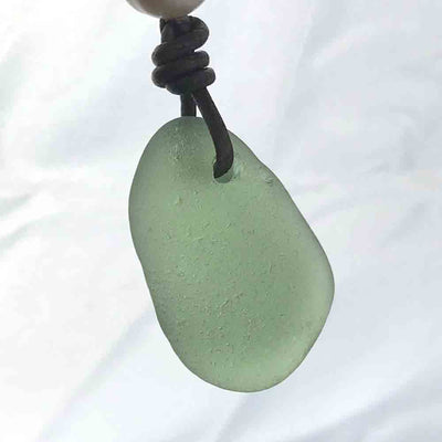 Huge Seafoam Bottle Bottom Sea Glass Leather Necklace with Genuine Pearl