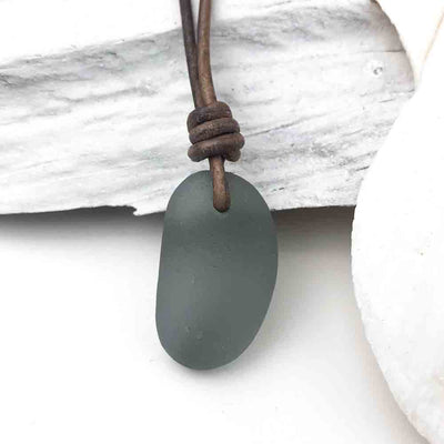 Bottle Bottom Deep Gray Sea Glass Leather Necklace