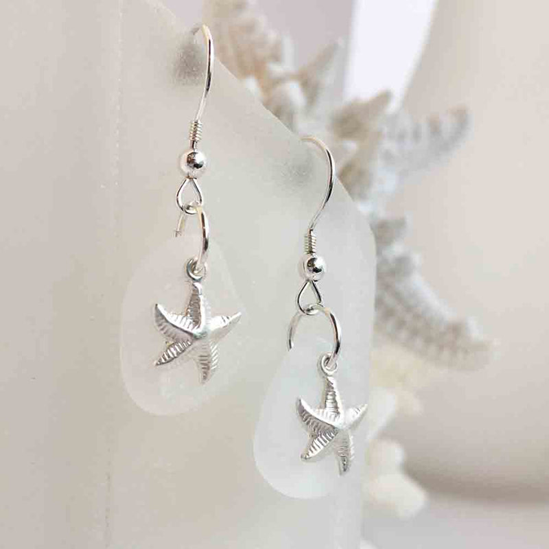Snowy Crystal Clear Sea Glass Earrings with Sterling Silver Starfish Charms