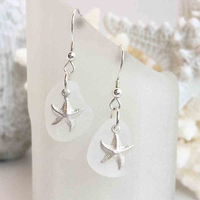 Snowy Crystal Clear Sea Glass Earrings with Sterling Silver Starfish Charms