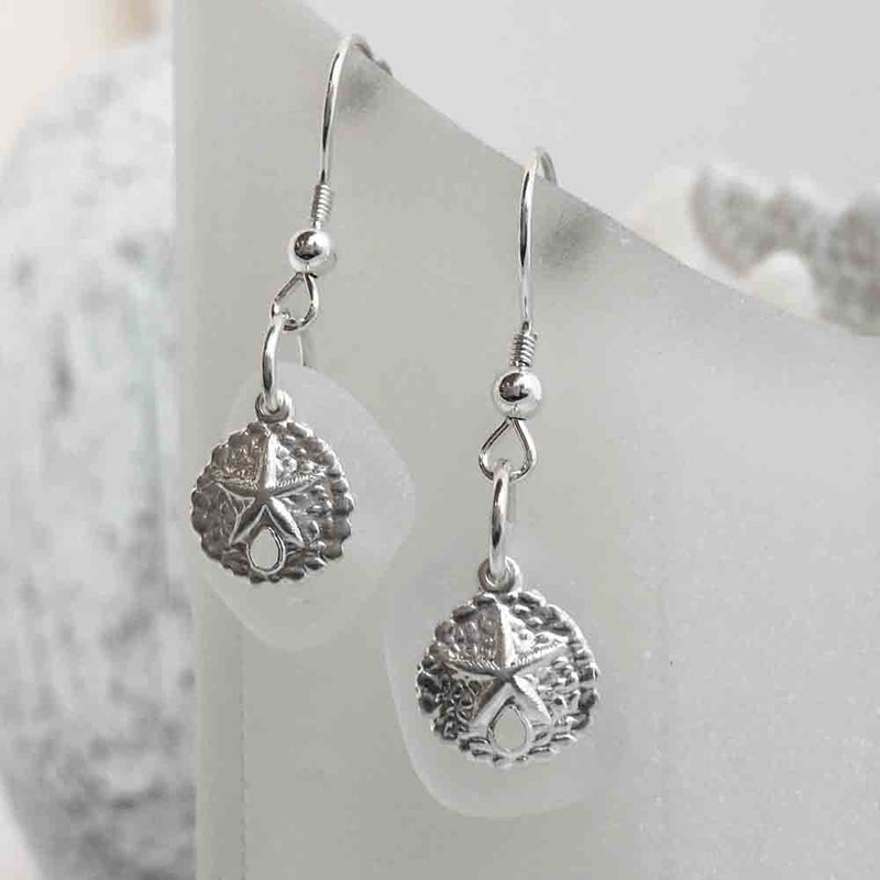 Pure Crystal Clear Sea Glass Earrings with Sterling Silver Sand Dollar Charms