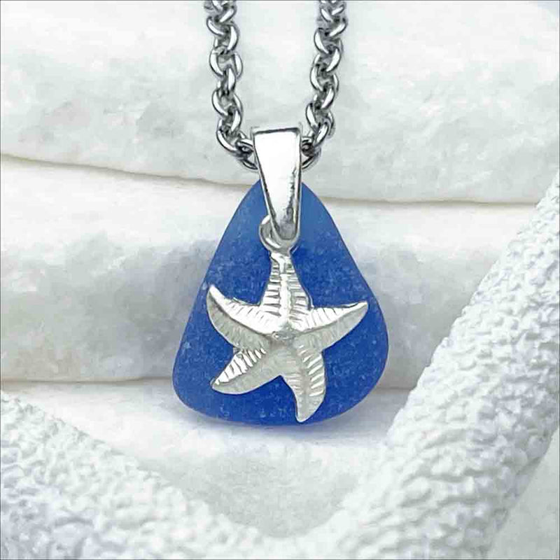 Cornflower Blue Sea Glass Necklace with Sterling Silver Starfish Charm