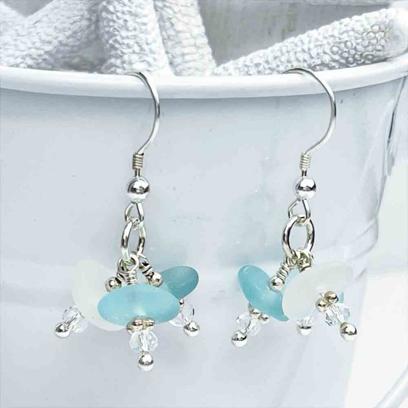 Aqua and Clear Sea Glass Dangle Earrings with Swarovski Crystal Beads