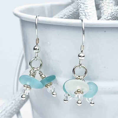 Aqua and Clear Sea Glass Dangle Earrings with Swarovski Crystal Beads