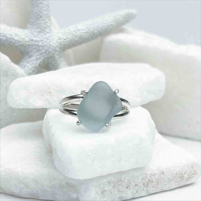 Intriguing Dove Gray Sea Glass Ring in Sterling Silver Size 8