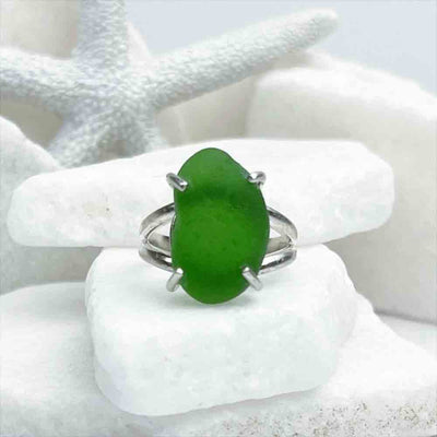 Emerald Green Sea Glass Ring in Sterling Silver Size 7