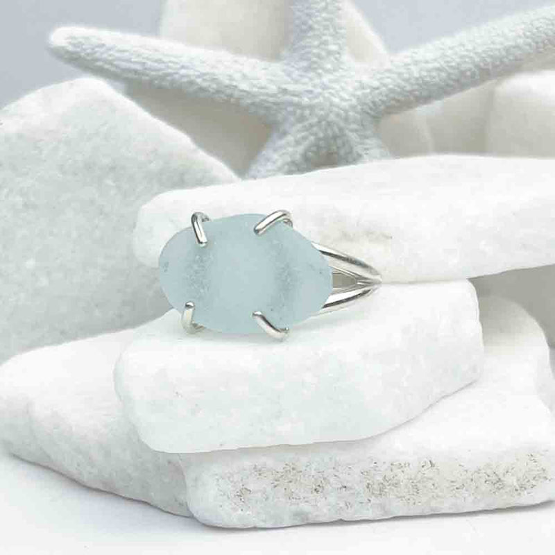 Horizontally Set Soft Blue Oval Sea Glass Ring Sterling Silver Size 9 