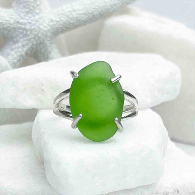 Bright Green Sea Glass Ring in Sterling Silver Size 8
