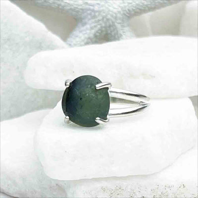 Deep Green Marble Sea Glass Ring in Sterling Silver Size 7