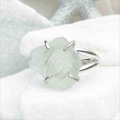 Crystal Clear Embossed Sea Glass Ring in Sterling Silver Size 8