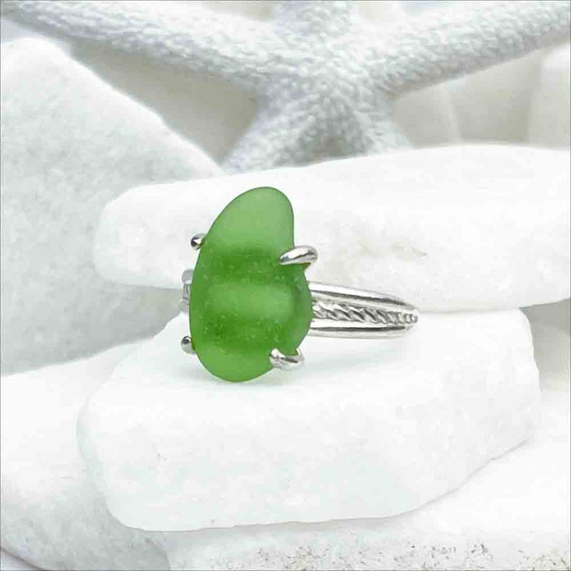 Green Droplet Sea Glass Ring in Sterling Silver with Decorative Band Size 8