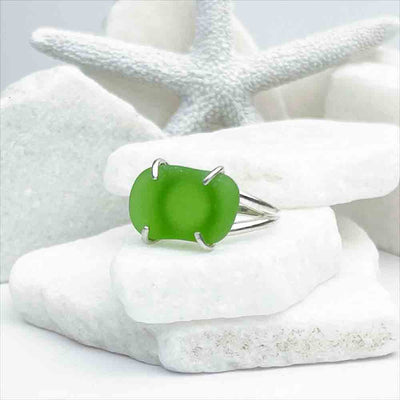 Horizontally Set Green Sea Glass Ring in Sterling Silver with Size 8