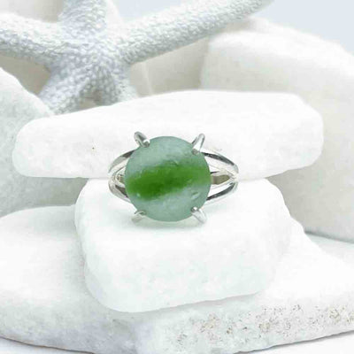 Green Cat's Eye Marble Sea Glass Ring in Sterling Silver Size 8