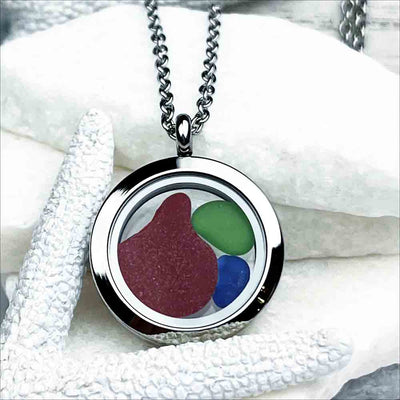 Red with Lime Green and Cobalt Blue Sea Glass Porthole Locket  