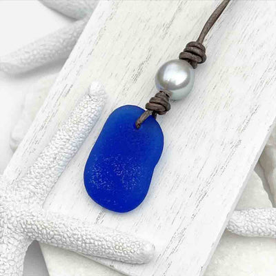 Cobalt Blue Sea Glass Leather Necklace with Freshwater Pearl 