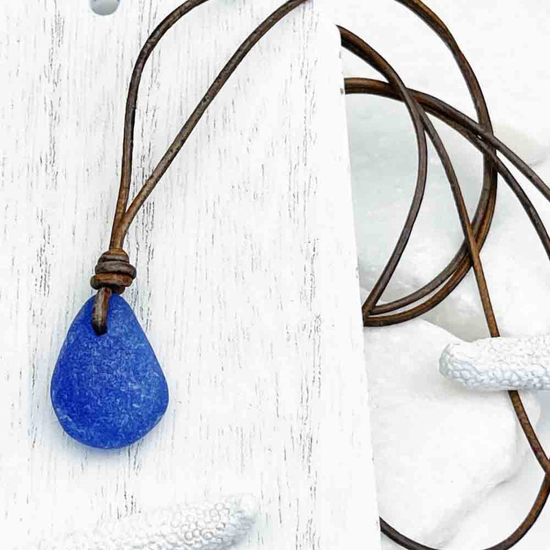 Heavily Frosted Cobalt Blue Sea Glass on a Leather Necklace