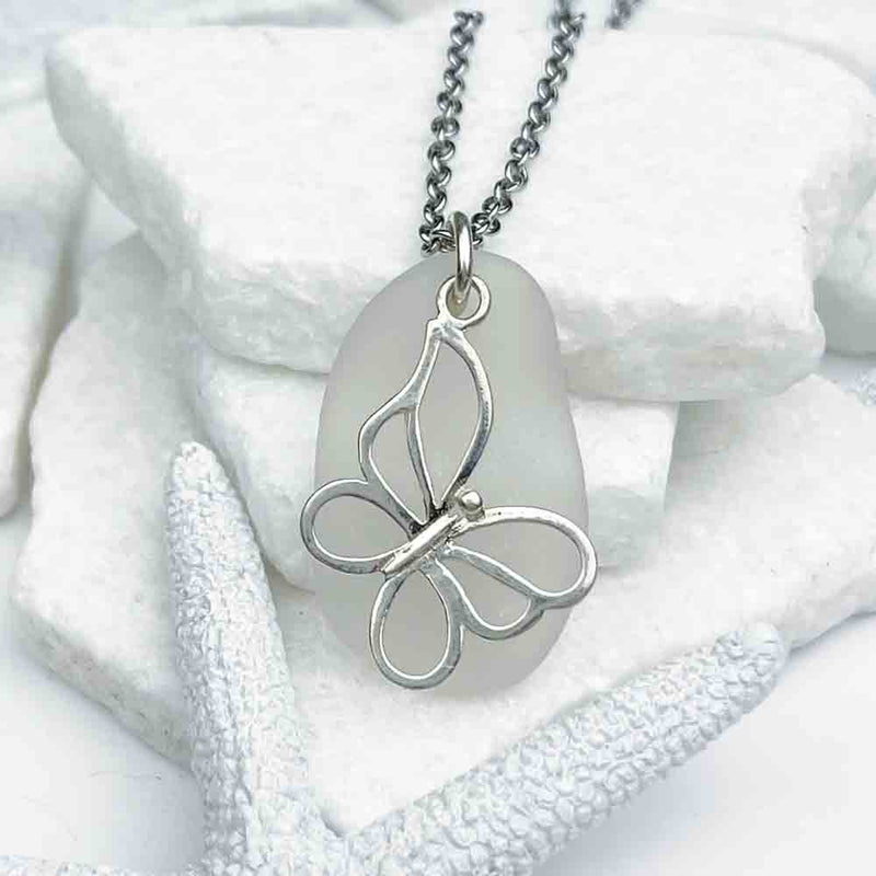 Crystal Clear Sea Glass Pendant with Sterling Silver Butterfly Charm