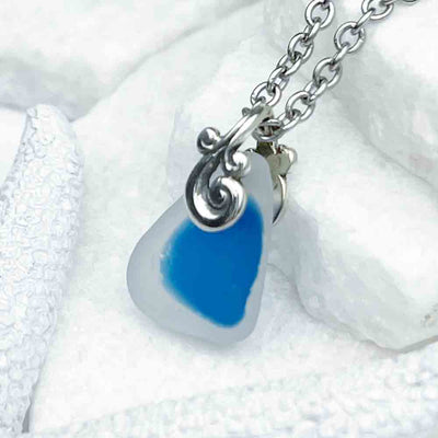 Drop of Blue English Multi Sea Glass Pendant with Ocean Waves Bail 