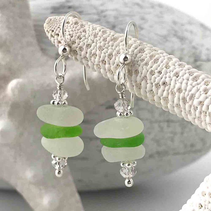 Lime Green Banded Sea Glass Sea Stack Earrings with Swarovski Crystals