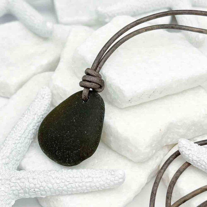 Warm Black Sea Glass Leather Necklace | Real Sea Glass