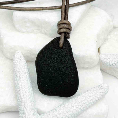 Deep Black Bottle Bottom Sea Glass Leather Necklace | Real Sea Glass