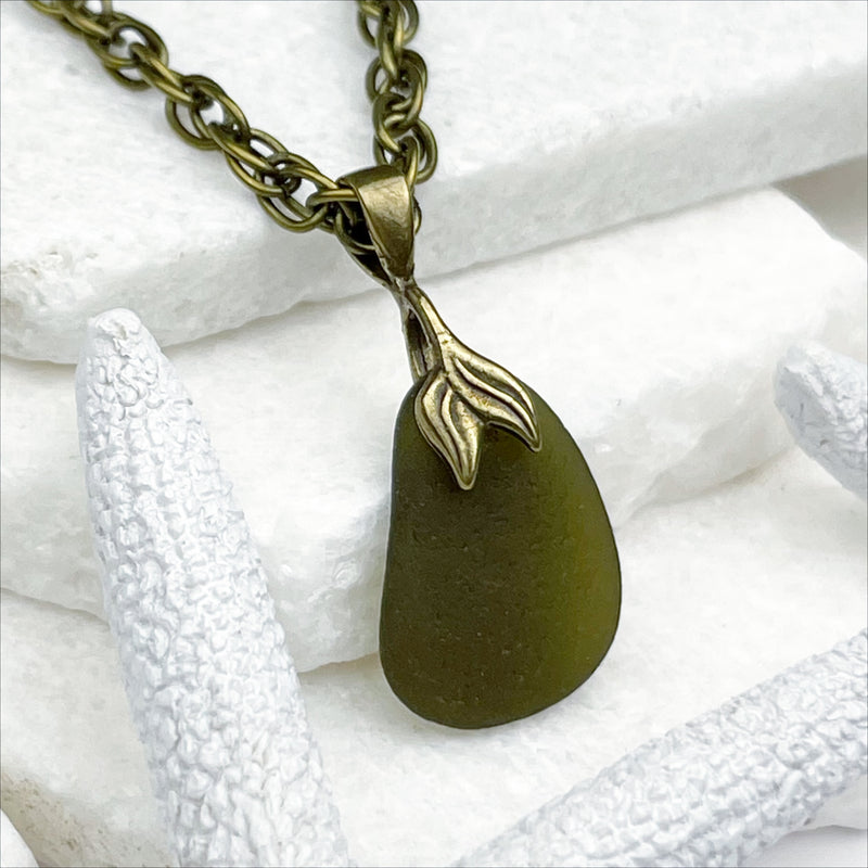 True Olive Sea Glass Pendant with a Bronze Mermaid Tail Bail 