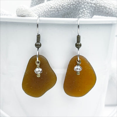 Rootbeer Sea Glass Drop Earrings with Swarovski Crystal Beads 