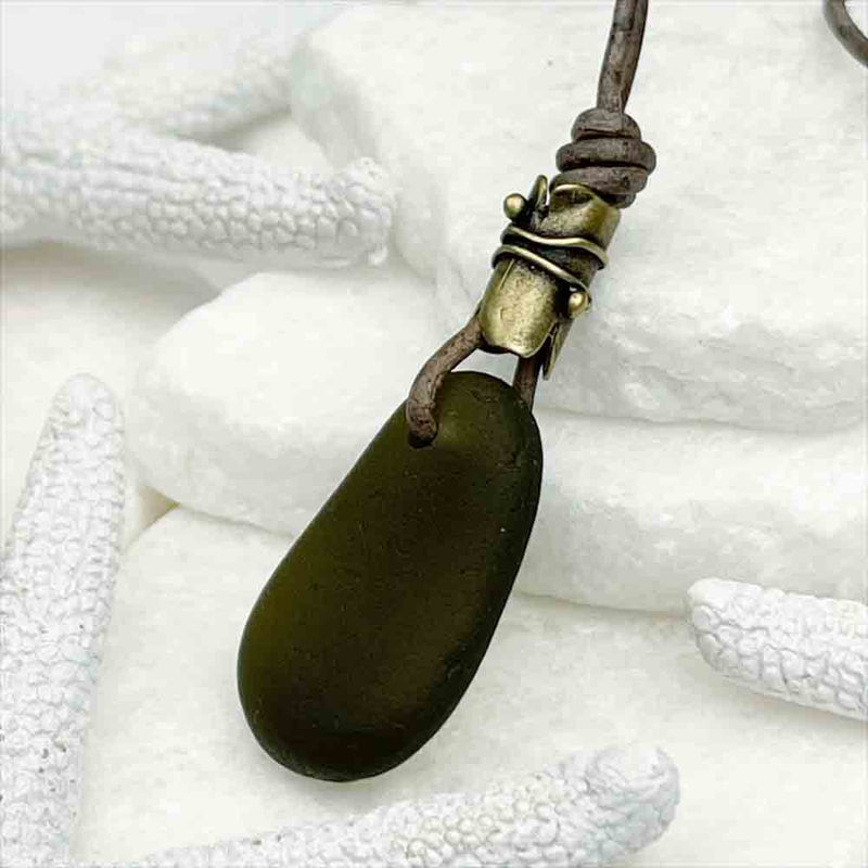 Wine Bottle Olive Sea Glass Leather Necklace | Real Sea Glass
