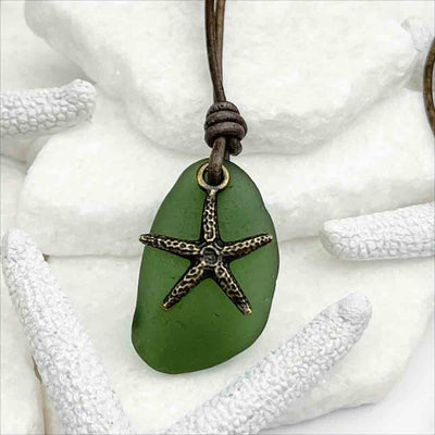 Deep Champagne Green Sea Glass and Bronze Starfish Leather Necklace 