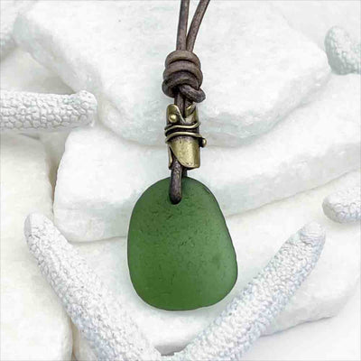 Champagne Green Sea Glass Gumdrop on a Genuine Surfside Leather Necklace