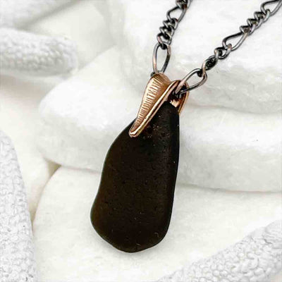 Black Amber Sea Glass Pendant with Copper Bail 