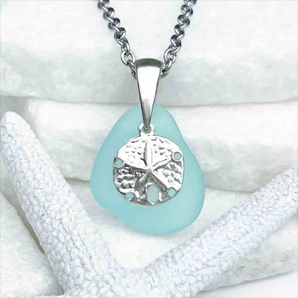 Sterling Silver Light Aqua Sea Glass Small Sun & Surf Pendant main image 0