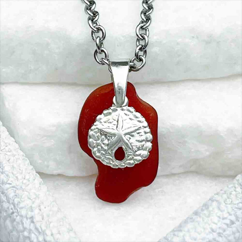 Whimsical Red Sea Glass Pendant with Sand Dollar Charm 