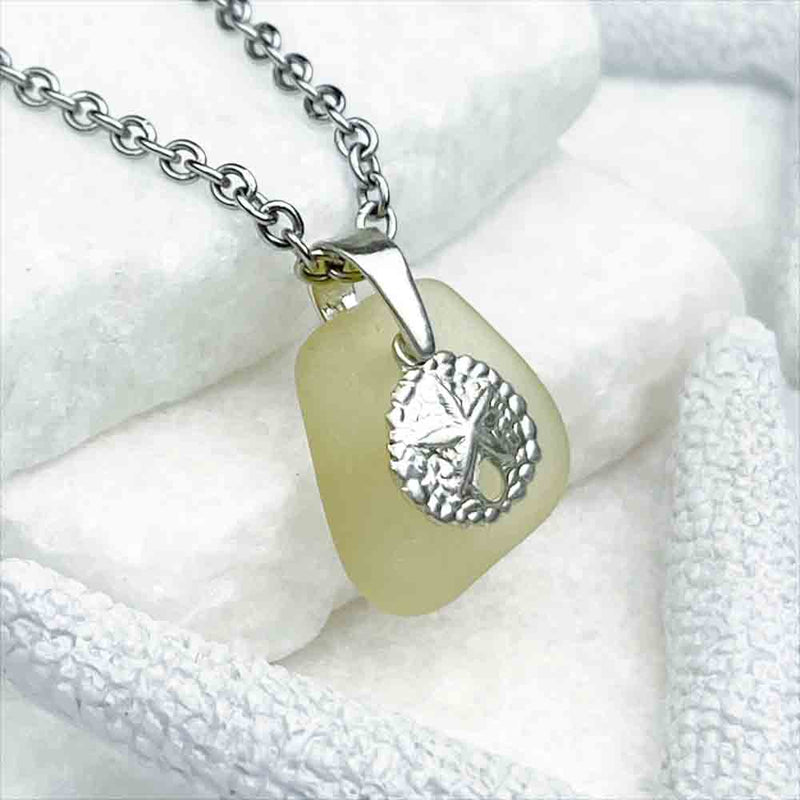 Light Yellow Sea Glass Pendant with Sterling Silver Sand Dollar 