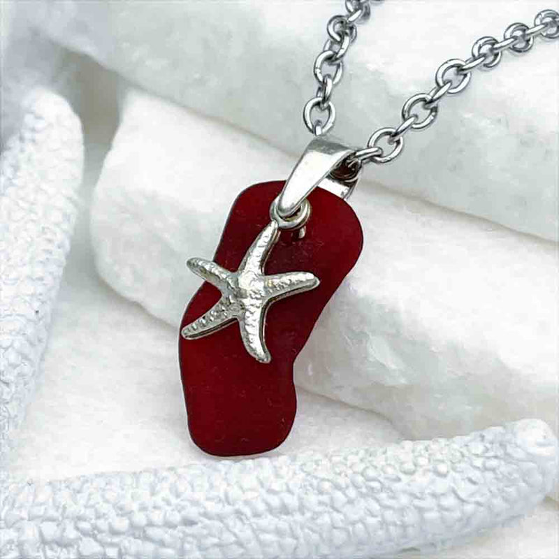 Deep Red Sea Glass Pendant with Sterling Silver Starfish Charm