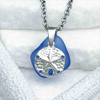Winsome Cobalt Blue Sea Glass Pendant with Sterling Silver Sand Dollar Charm