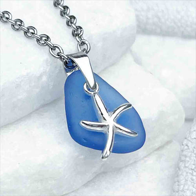 Cornflower Blue Sea Glass Pendant with Whimsical Sterling Silver Starfish