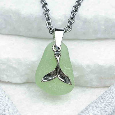 UV Sea Glass Pendant with Sterling Silver Whale Tail Charm 