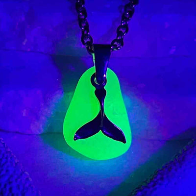 UV Sea Glass Pendant with Sterling Silver Whale Tail Charm 