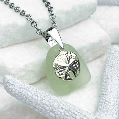 UV Sea Glass Pendant with Sterling Silver Sand Dollar Charm