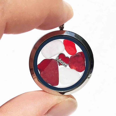 Showy Deep and Bright Red "I Love Mom" Sea Glass Locket