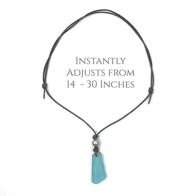Large Slab Shaped Soft Blue Sea Glass Leather Necklace | #1390