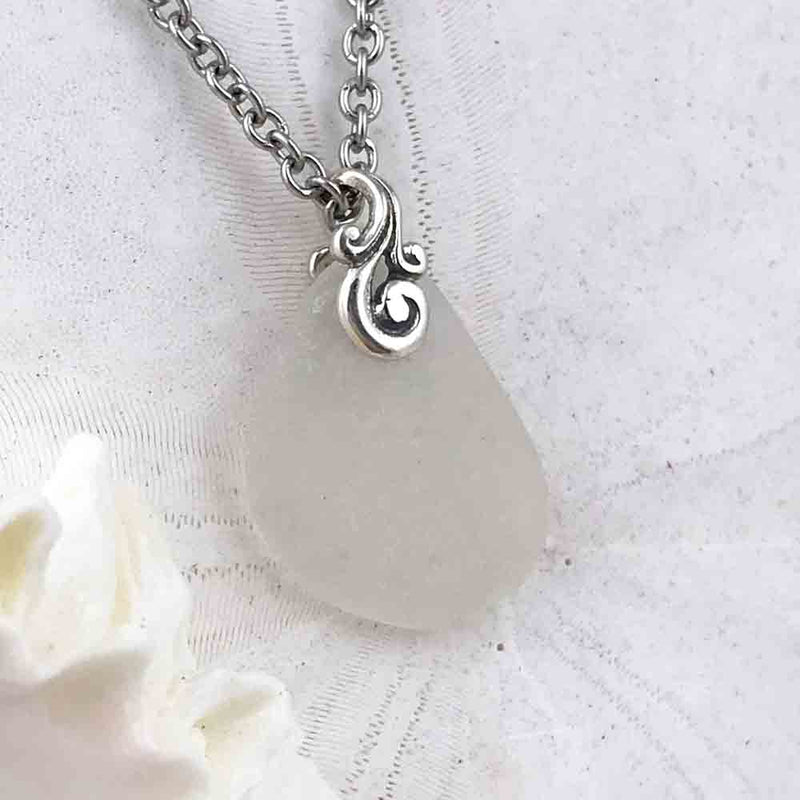 Frosty White Ocean Waves Sea Glass Pendant