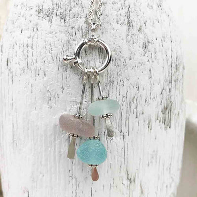 Sun Purple, Aqua and Seafoam Sea Glass Sea Spray Sterling Silver Necklace