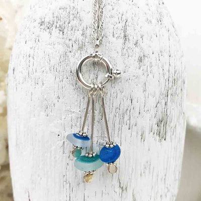 English Multi Turquoise, Cobalt, and Teal Sea Glass Sea Spray Necklace